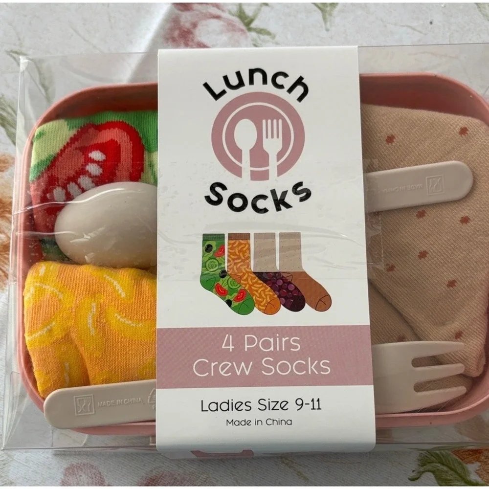 Lunch Socks 4 Pairs Crew Socks Set with Bento Box Utensils & Reusable Tote Bag